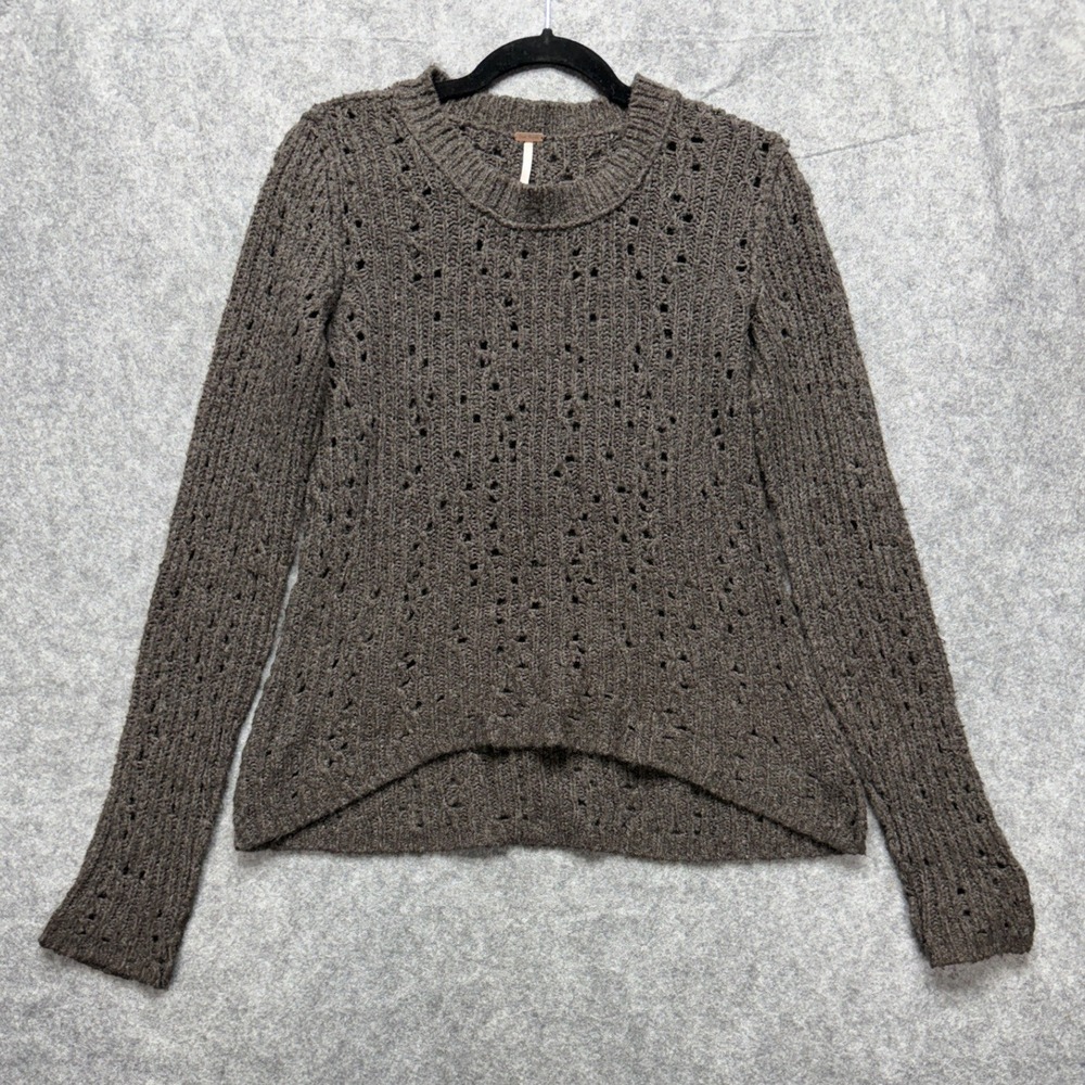 Free People Open Knit Pointelle Sweater Brown High Low Crew Neck Long Sleeve S